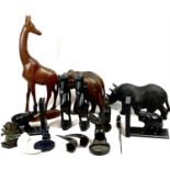 EBONY & OTHER WOODS ETHNIC CARVINGS and collectables to include a 14cms H, 35cms L rhinoceros, ebony