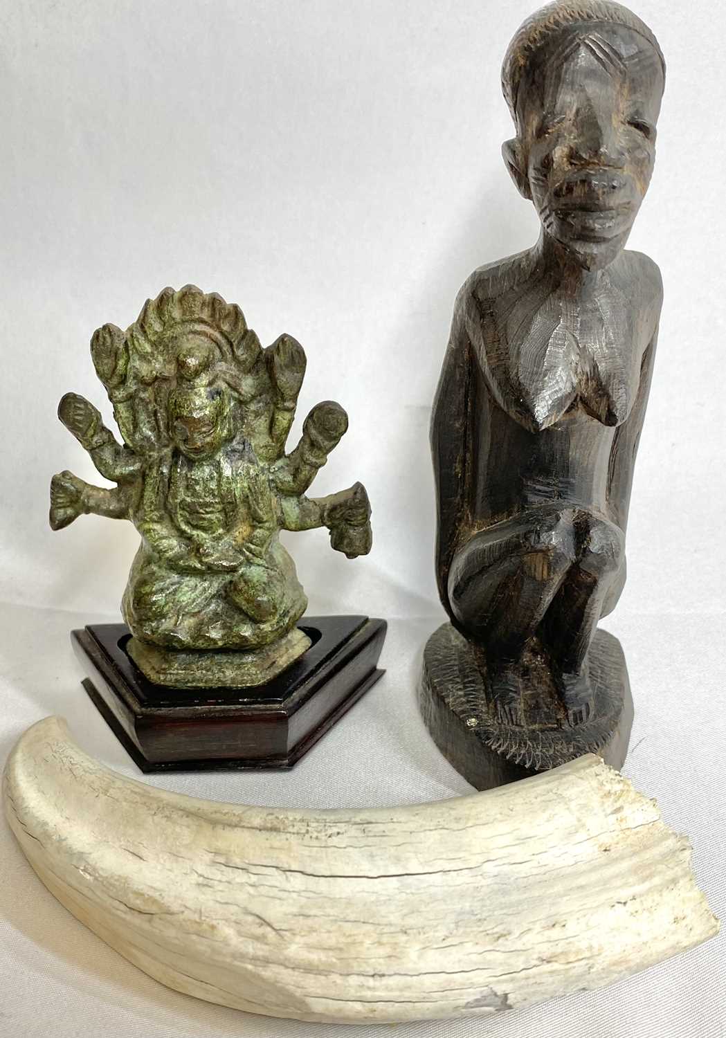 EBONY & OTHER WOODS ETHNIC CARVINGS and collectables to include a 14cms H, 35cms L rhinoceros, ebony - Image 4 of 5