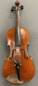 ANTIQUE VIOLIN - figured back in golden colour, in wooden case, length of back 35cms, length in full