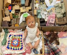 VINTAGE COMPOSITION DOLL, various items of clothing and a quantity of doll's house furniture and