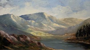 J P WILLIAMS oil on board - mountainscape with lake and trees, signed, 49 x 90cms