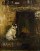 FOLLOWER OF GEORGE ARMFIELD oil on canvas - terrier by an open fire, 23.5 x 19cms