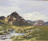 UNSIGNED PALLET KNIFE OIL ON BOARD - a Welsh mountainscape, mid-20th century school, 49 x 59cms