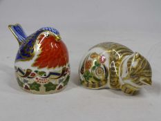 ROYAL CROWN DERBY PORCELAIN PAPERWEIGHTS (2), 'Cottage Garden Kitten' and 'Robin Nesting', both with