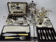 WALKER & HALL & OTHER SILVER PLATED TEAWARE, cased cutlery, EPNS ladle ETC