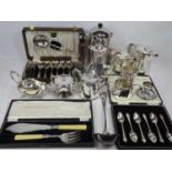 WALKER & HALL & OTHER SILVER PLATED TEAWARE, cased cutlery, EPNS ladle ETC