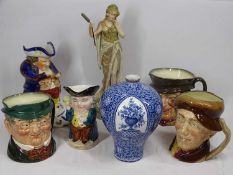 ROYAL DUX FIGURINE, Royal Bonn Flamande blue and white vase, three Doulton character jugs and two