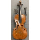 ANTIQUE VIOLIN - in case (broken), length of back 36cms, length in full 57cms