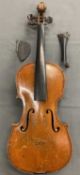 ANTIQUE VIOLIN - in case (broken), length of back 36cms, length in full 57cms