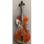 ANTIQUE VIOLIN - deep red colour, in green case with bow, length of back 36cms, length in full