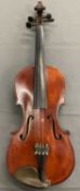 ANTIQUE VIOLIN - deep red colour, in green case with bow, length of back 36cms, length in full