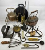 VINTAGE CAST IRON, COPPER & BRASS HOUSEHOLD GOODS - a mixed group to include two vintage copper