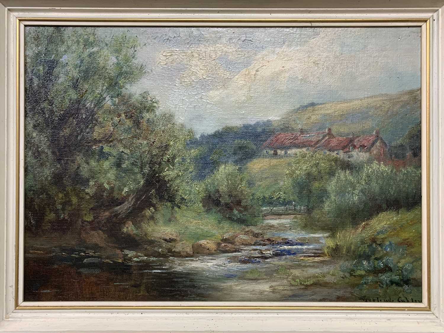 GERTRUDE CUBLEY (wife of Henry Hadfield Cubley) oil on board - River Scene with red roofed - Image 2 of 3