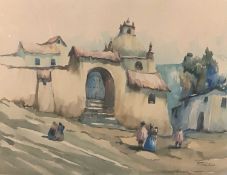 SANTOS watercolour - figures in a continental street with buildings, signed, 26 x 33cms