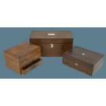 THREE VINTAGE LIDDED BOXES - a burr walnut jewellery box with lower front drawer and inset brass