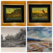 PAINTINGS & PRINTS - hunting scenes paintings on glass, a pair, 'Snipe Shooting' and 'Pheasant