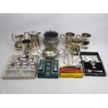 PRESENTATION & OTHER SILVER PLATED WARE and five silver teaspoons with golf club details to the