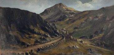 UNSIGNED oil on board - Mountainscape with stone walled bending track, 60 x 121cms