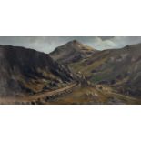 UNSIGNED oil on board - Mountainscape with stone walled bending track, 60 x 121cms
