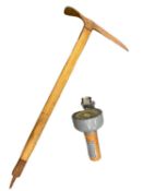 VINTAGE MOUNTAINEER'S ICE AXE, 66cms L and a hand-held gimbal compass with magnifier by Sestrel