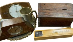 ART DECO INLAID MANTEL CLOCK & ONE OTHER, vintage lidded box, boxed dominoes, circular metal