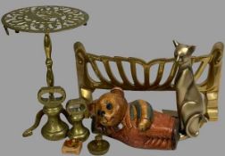 VINTAGE & LATER BRASSWARE, composition and carved wood animals, ETC