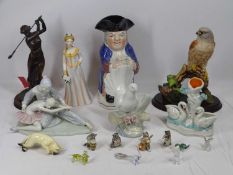 MIXED COMPOSITION FIGURAL & ANIMAL COLLECTABLES to include a vintage Toby jug, Spanish porcelain