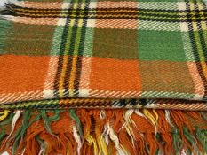 VINTAGE WOOLLEN BLANKETS (2) including a mainly red and green hatched design blanket with