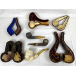 VINTAGE CASED & OTHER TOBACCO PIPES - carved meerschaum pipes, hallmarked silver, white and gilt