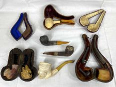 VINTAGE CASED & OTHER TOBACCO PIPES - carved meerschaum pipes, hallmarked silver, white and gilt