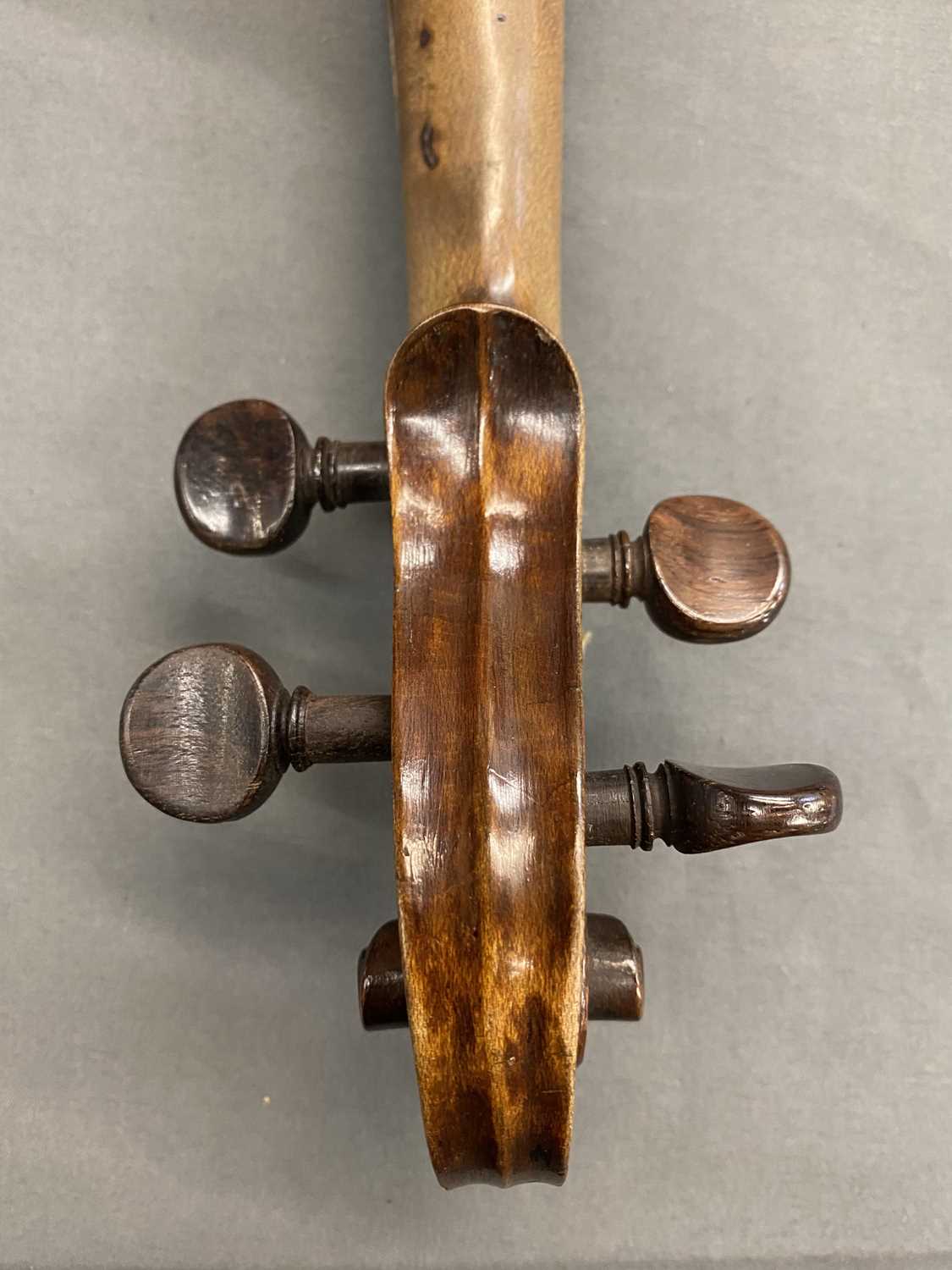 ANTIQUE VIOLIN - in hard case with a bow, length of back 36cms, length in full 60cms - Image 11 of 11
