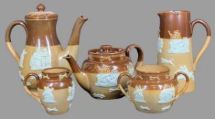 ROYAL DOULTON STONEWARE, five well preserved pieces - teapot, coffee pot, hot water jug, sugar basin