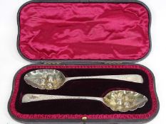 GEORGE III SILVER BERRY SPOONS (2) within a satin and velvet lined fitted case, London 1791, maker