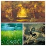 PAINTINGS & PRINTS, AN ASSORTMENT (5) - JOHN FINN oil on canvas - Forest scene with woodland and