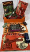 VINTAGE MECCANO, associated booklets and three old diecast and tin plate cars marked 'Dinky' and '