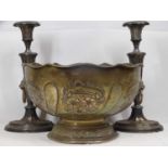 LARGE SILVER PLATED PUNCH BOWL with lion mask handles, 32cms diameter and a pair of Georgian style