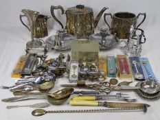 VICTORIAN EPBM THREE PIECE TEA SERVICE, EP and other collector's spoons and cutlery and other