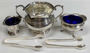 SILVER SUGAR BASIN & TONGS - a circular twin-handled pedestal sugar basin, 4.7ozt, Birmingham