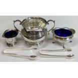 SILVER SUGAR BASIN & TONGS - a circular twin-handled pedestal sugar basin, 4.7ozt, Birmingham