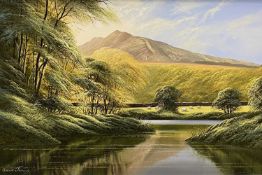 DAVID JAMES oil on canvas - tree lined river with sheep to a walled field and mountain to the