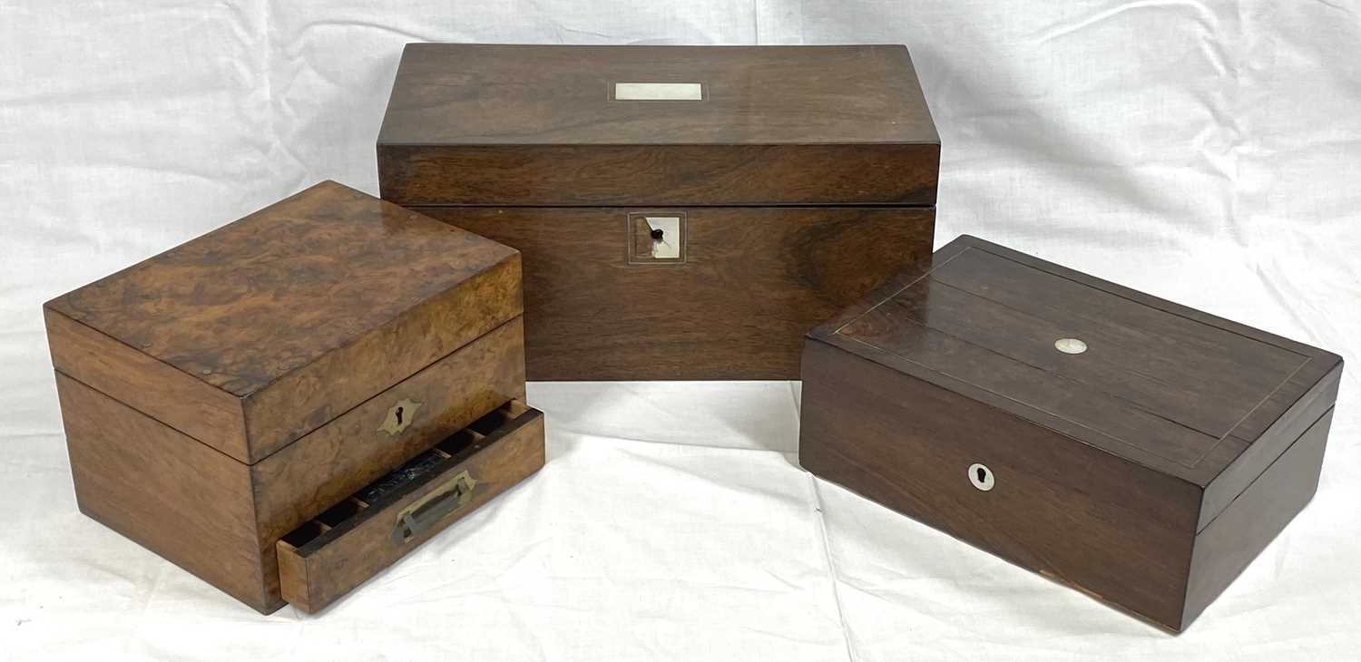 THREE VINTAGE LIDDED BOXES - a burr walnut jewellery box with lower front drawer and inset brass - Image 2 of 2