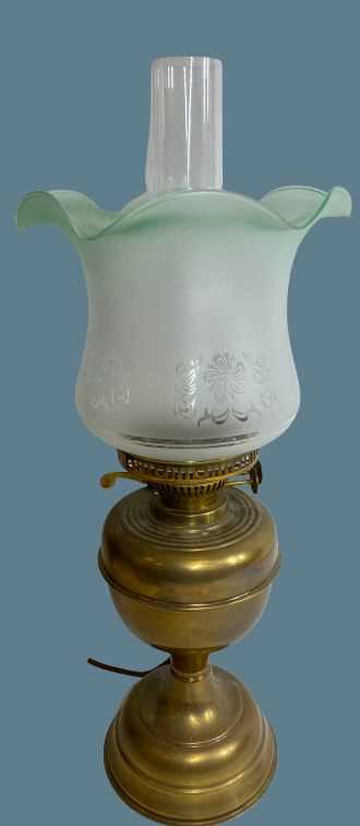 VINTAGE BRASS OIL LAMP - with tinted green glass shade and funnel...