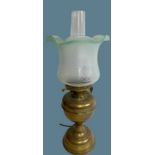 VINTAGE BRASS OIL LAMP - with tinted green glass shade and funnel, converted for electricity,