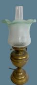 VINTAGE BRASS OIL LAMP - with tinted green glass shade and funnel, converted for electricity,