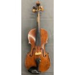ANTIQUE VIOLIN - in hard case with bow labelled P & H, London, length of back 35.5cms, length in