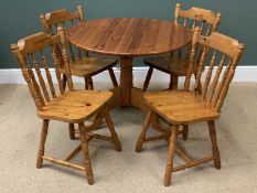 FARMHOUSE PINE BREAKFAST TABLE having a circular top on tripod supports, 74cms H, 95cms diameter