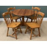 FARMHOUSE PINE BREAKFAST TABLE having a circular top on tripod supports, 74cms H, 95cms diameter