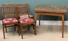 FOUR VINTAGE ERCOL CHAIRS - 82cms H, 46cms W, 36cms D and a possibly Ercol draw leaf table, 76cms H,