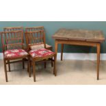 FOUR VINTAGE ERCOL CHAIRS - 82cms H, 46cms W, 36cms D and a possibly Ercol draw leaf table, 76cms H,