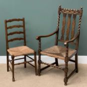 RUSH SEATED CHAIRS (2) - one elbow chair with carved and twist detail, 120cms H, 57cms W, 44cms D